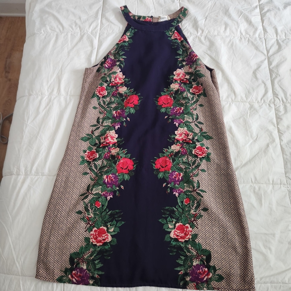 Floral Halter Mini Dress in Navy and Beige